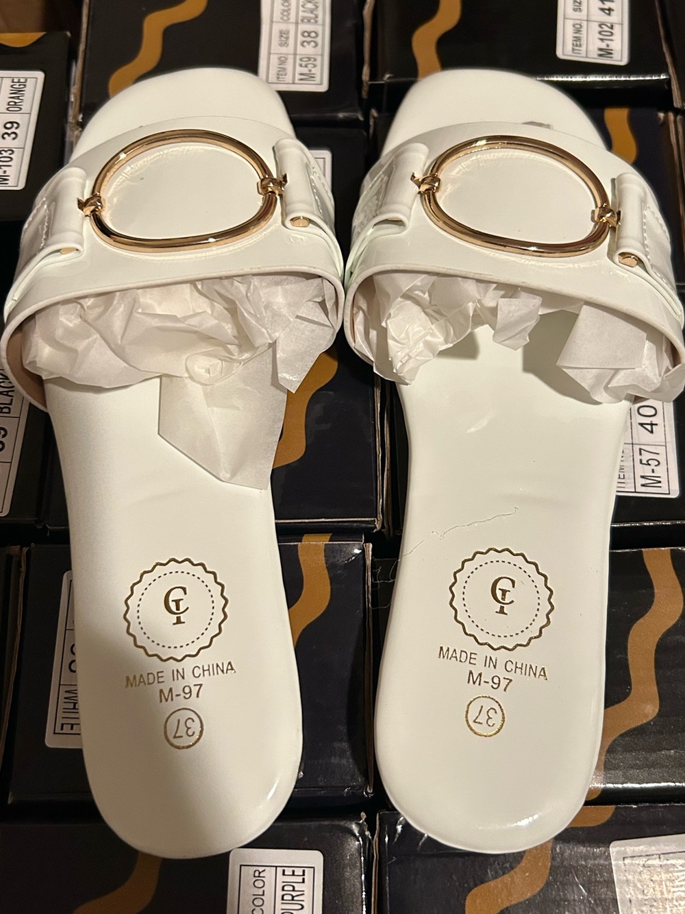 White Slide Mules with Gold Ring Accent